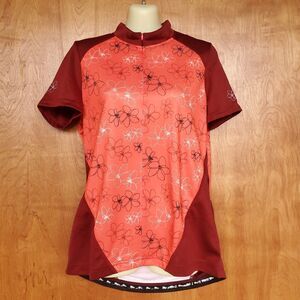 Crivit Cycling Jersey Womens L 12/14 Red Orange Floral 1/4 Zip Sport Bike Shirt